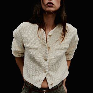 H&M Cream Short Textured-knit Cotton Blend Cardigan